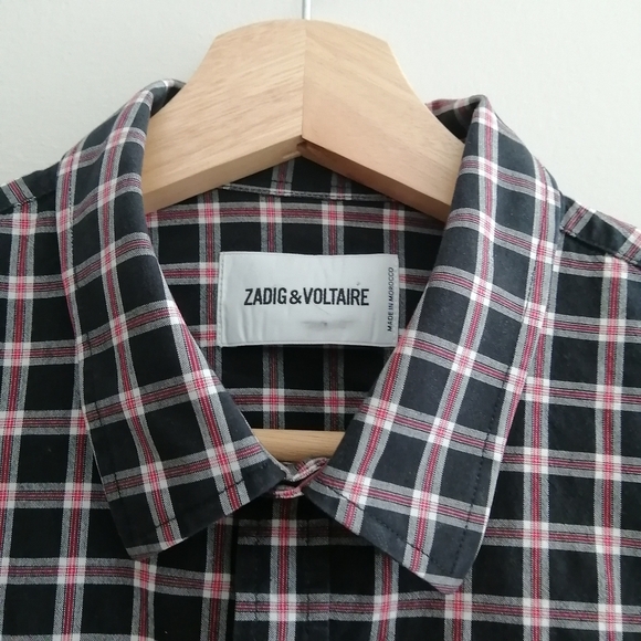 Zadig & Voltaire Men's Thibaut Button Up Red Black Plaid Chest Pockets Large - Picture 3 of 16